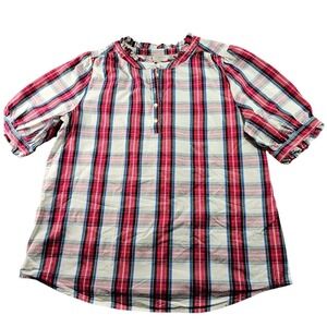 St. John's Bay Peasant Blouse Top Women's M Multi Plaid Puff Sleeve 1/4 Button